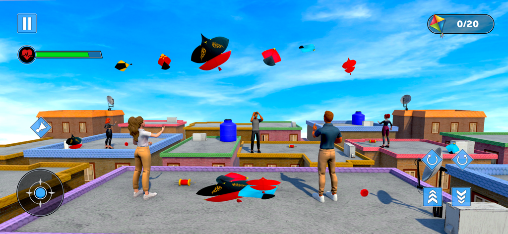 Kite Flying Simulator Games - Characters flying colorful kites from urban rooftops in a competitive simulation game