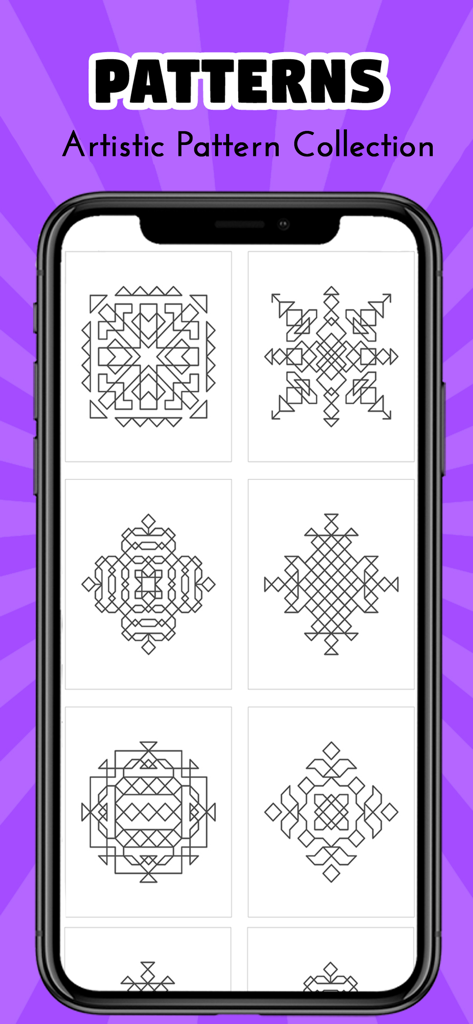 Una colección de patrones simétricos de arte lineal geométrico para colorear en la aplicación Creato.