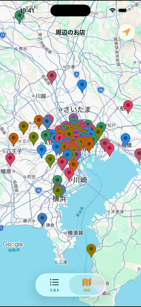 五郎系 for 孤独のグルメ - 五郎系アプリのマップビュー。東京とその周辺地域に多数の色分けされたピンが表示されています