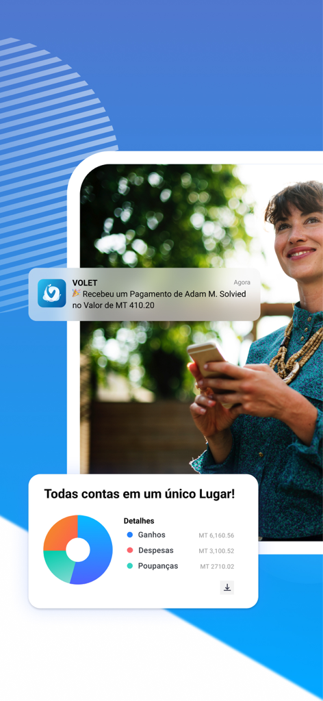 Interfaz de la aplicación VOLET que muestra una notificación de pago y un panel financiero con un gráfico colorido.