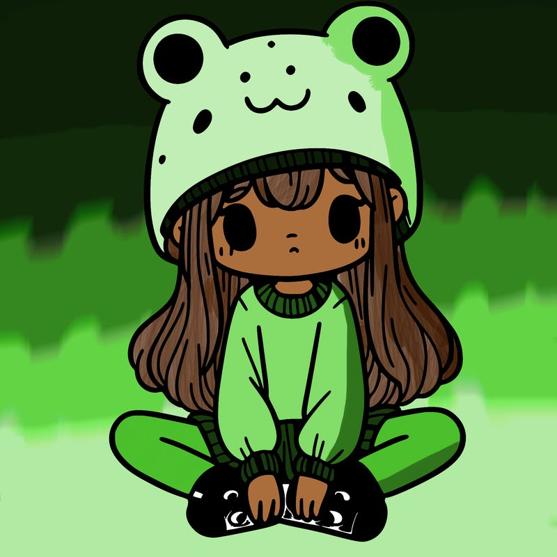a girl wearing a frog hat and some frog socks