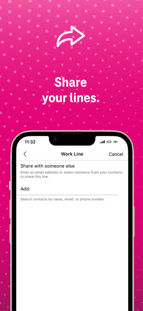 T-Mobile DIGITS - T-Mobile DIGITS app interface showing how to share a work line with another person