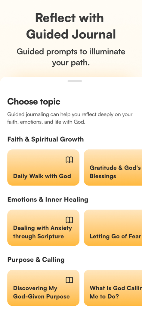 Verse Chat: Bible AI Questions - Una pantalla de la aplicación Verse Chat que muestra temas de registro guiado para fe, emociones y propósito.