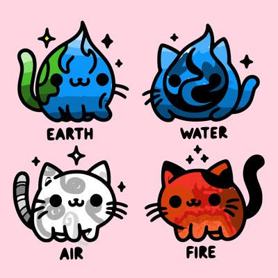 4 cats that represent the different elements, earth, water, air, and fire