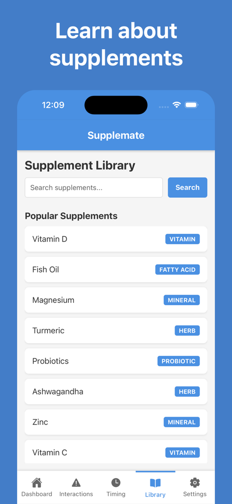 Supplemate app interface showing a searchable library of vitamins and supplements