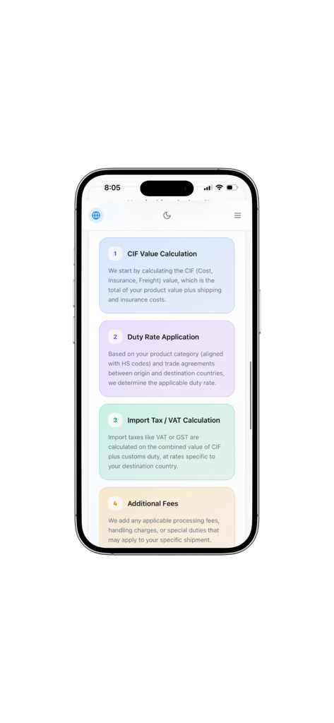 CIF 가치, 관세율 및 세금을 포함한 수입 및 관세 계산의 네 단계