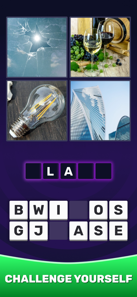 4 Pics 1 Word：Guess The Word - Livello del gioco 4 Immagini 1 Parola che mostra immagini di bicchieri da vino rotti, una lampadina e grattacieli per indovinare la parola 'vetro'