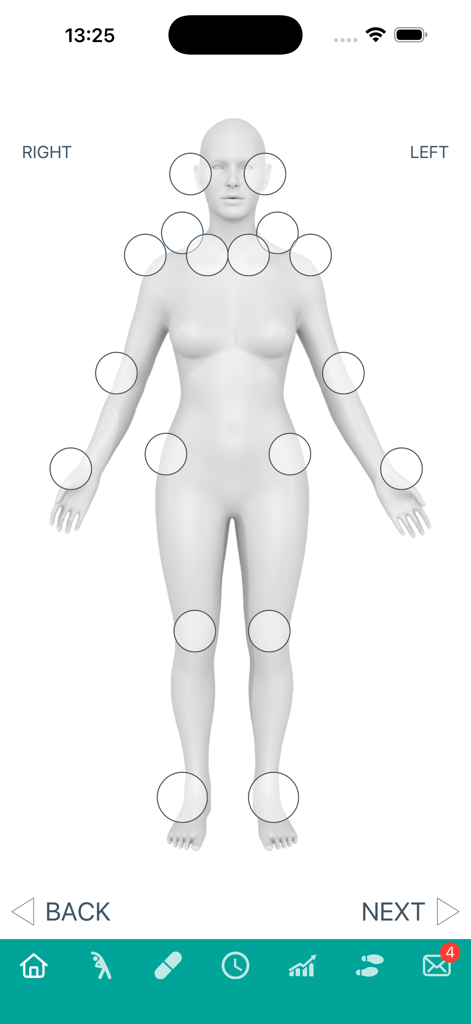 CONNECTPlus - Human body map interface for symptom and joint pain tracking in the CONNECTPlus app