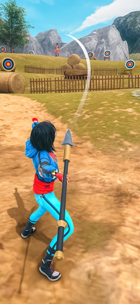 Master Archery Battle Shoot 3D - Un personaje apunta una lanza a objetivos en un campo de tiro con arco 3D con un arco de trayectoria