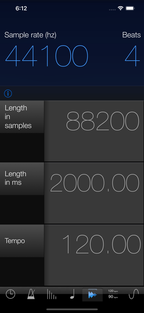 MusicMath - MusicMath interface for sample length conversion showing calculations for sample rate beats and tempo
