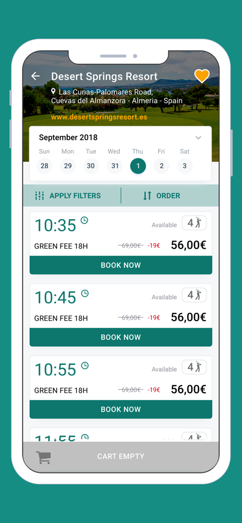 Tee Times Booking - Die Benutzeroberfläche der mobilen App zeigt verfügbare Golf-Abschlagzeiten und Preise.