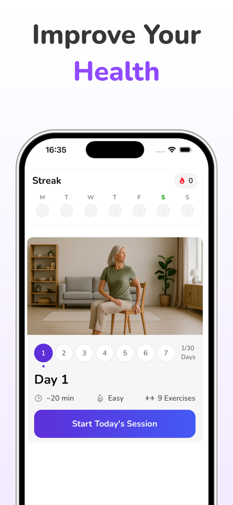 Pantalla de smartphone mostrando una rutina diaria de yoga en silla para personas mayores para mejorar la salud.