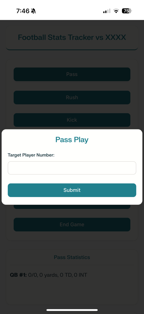 A modal window in the Football Stat Tracker Pro app for entering the target player number during a pass play.