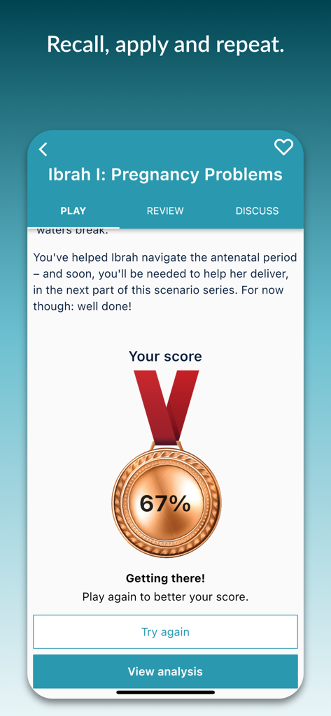 Clinical Sense - Score screen in the Clinical Sense app for a pregnancy medical scenario showing a 67 percent score with a medal.