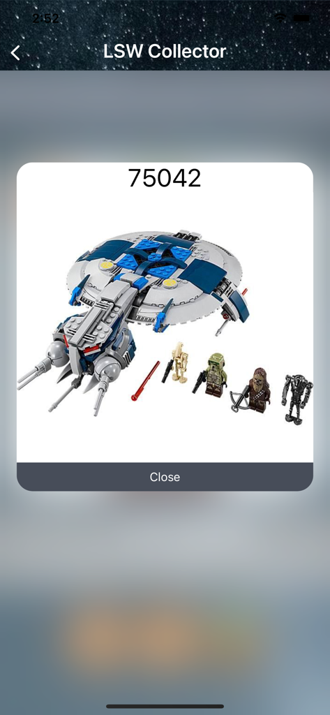 Screenshot of LSW Collector app showing LEGO Star Wars set 75042 with its minifigures