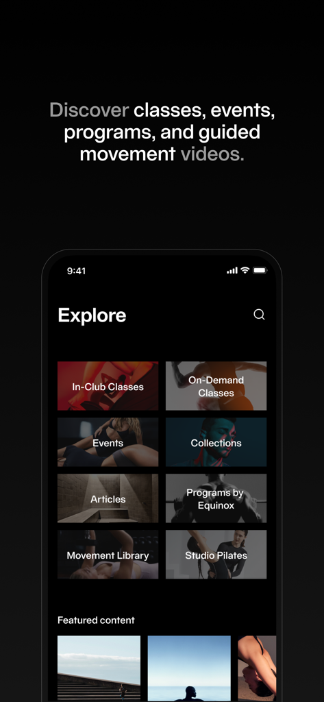 Equinox+ - The explore screen of the Equinox plus app displaying categories for classes events and programs.