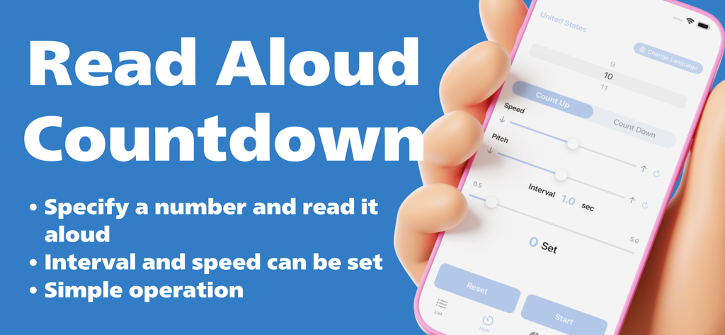 CountDown Voice Timer - Una mano sosteniendo un teléfono inteligente que muestra la interfaz de la aplicación CountDown Voice Timer con configuraciones de velocidad de voz, tono e intervalos