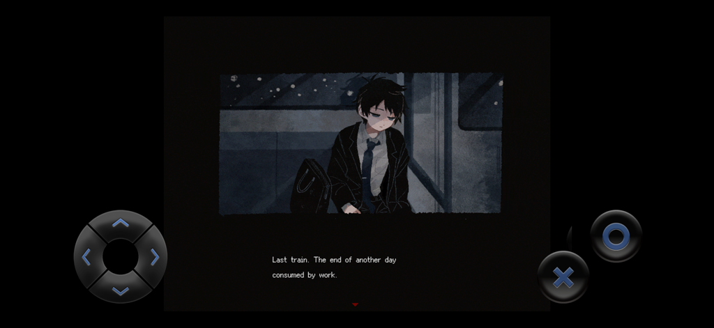 Saihate Station - Haru sentado, cansado, en el último tren del juego Saihate Station