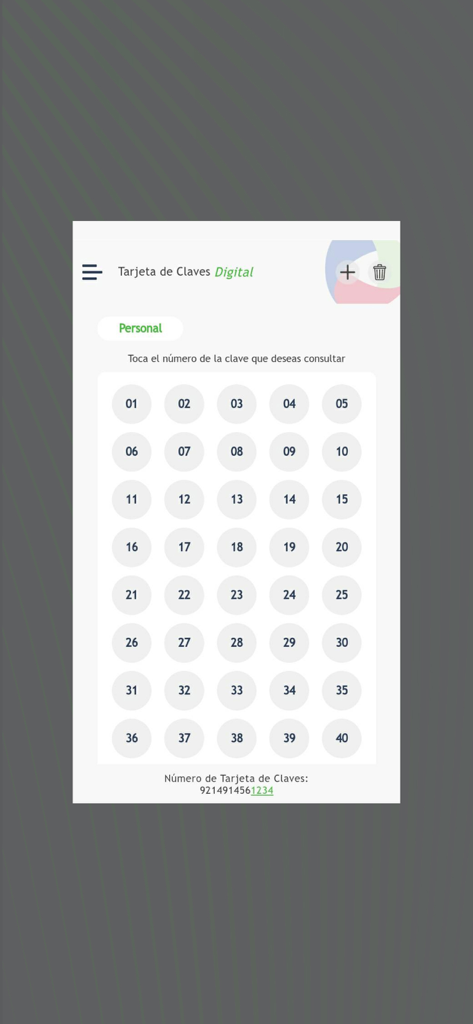 Tarjeta de Claves Digital BHD - A mobile app interface displaying a grid of numbered security keys for BHD bank transactions.