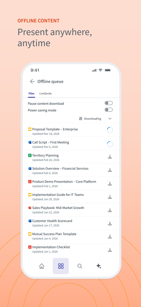 Seismic mobile app interface showing a list of sales documents and presentations in the offline queue for offline access