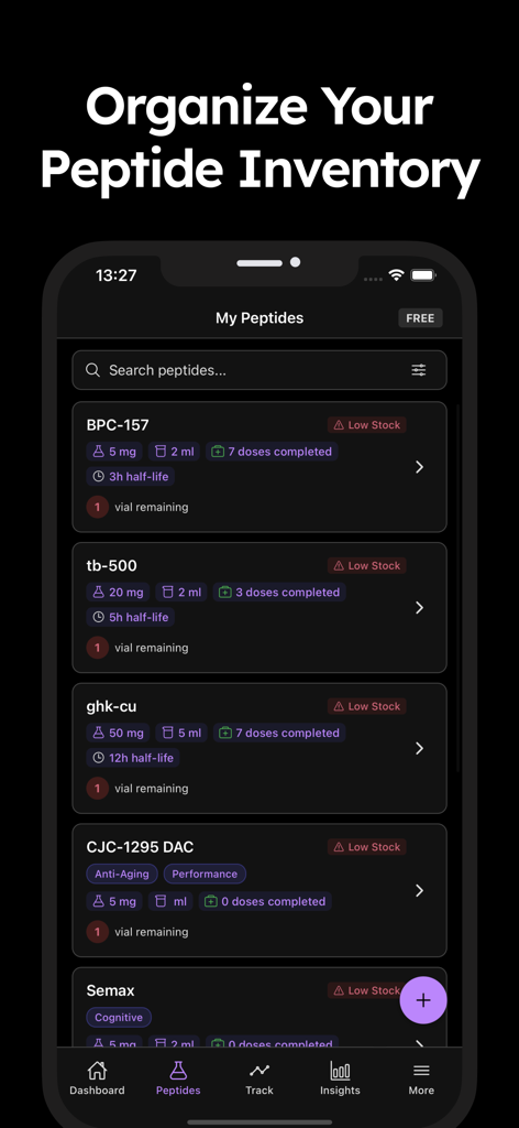 Peptide Tracker & Calculator - Interface of the Peptide Tracker app showing a detailed inventory list with stock alerts for compounds like BPC-157 and TB-500.