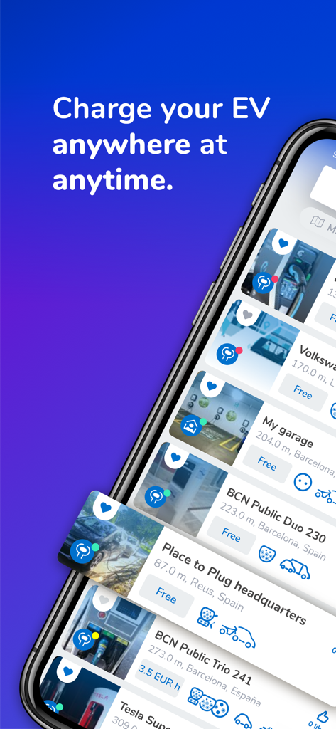 Mobile App-Oberfläche von Place to Plug mit einer Liste verfügbarer E-Ladestationen mit Standortdetails und Preisen