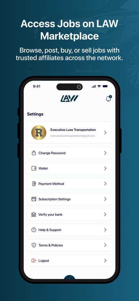 Settings screen of the LAW app for luxury transportation professionals showing account management and payment options