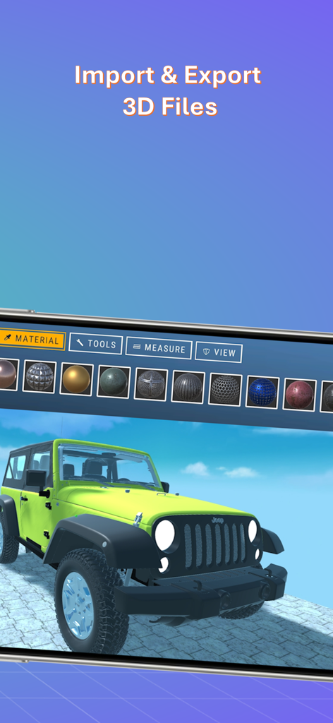 CAD Smart Modeling – 3D CAD - CAD app interface showing a 3D model of a lime green Jeep with material selection and export tools