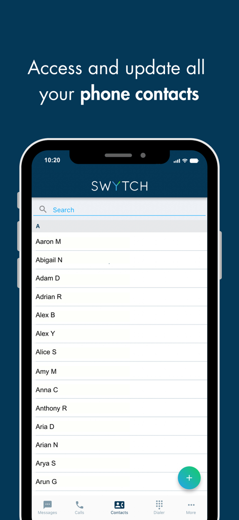 Swytch - Multiple numbers - The Swytch app contact list screen showing managed business contacts on a single smartphone