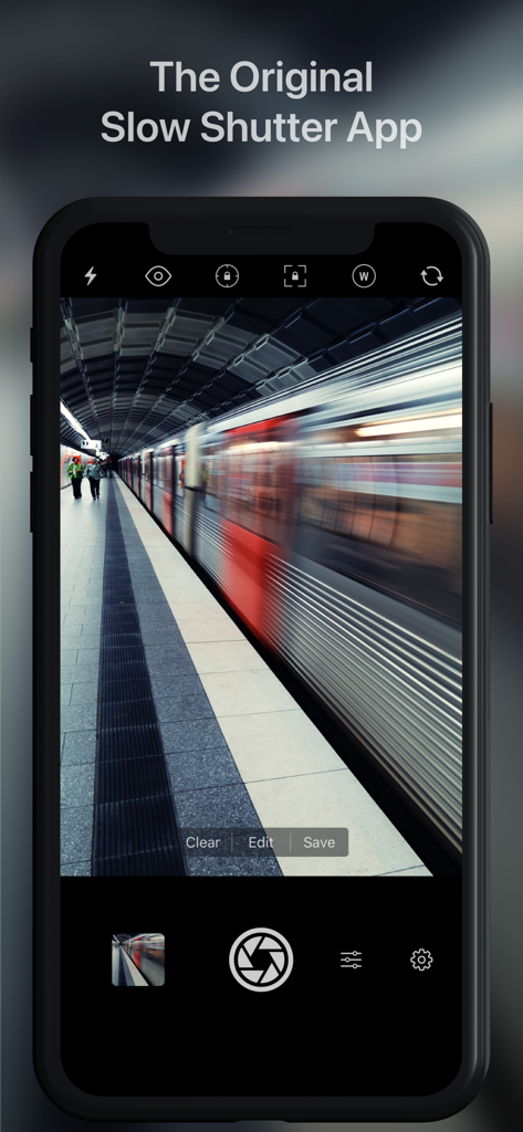 Slow Shutter Cam - Slow Shutter Cam app interface showing a long exposure motion blur effect of a moving train in a station