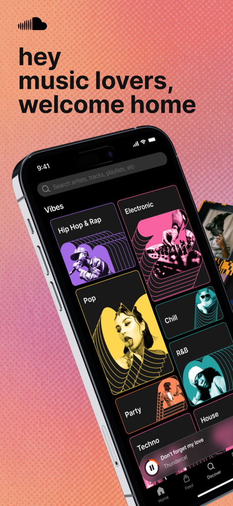 SoundCloud app interface displaying music genres like Hip Hop Electronic and Pop under the Vibes category