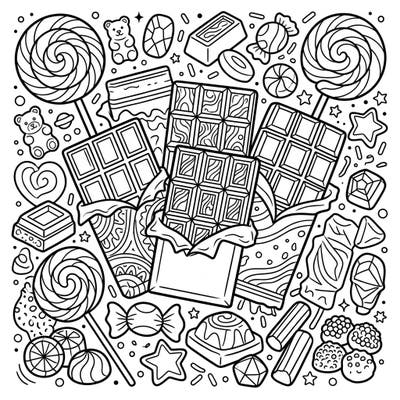 Unwrap a world of sugary delights with this fun coloring page packed with chocolate bars, lollipops, and candies. Designed especially for kids aged 4-8, it promises hours of creative, sweet-themed coloring fun.