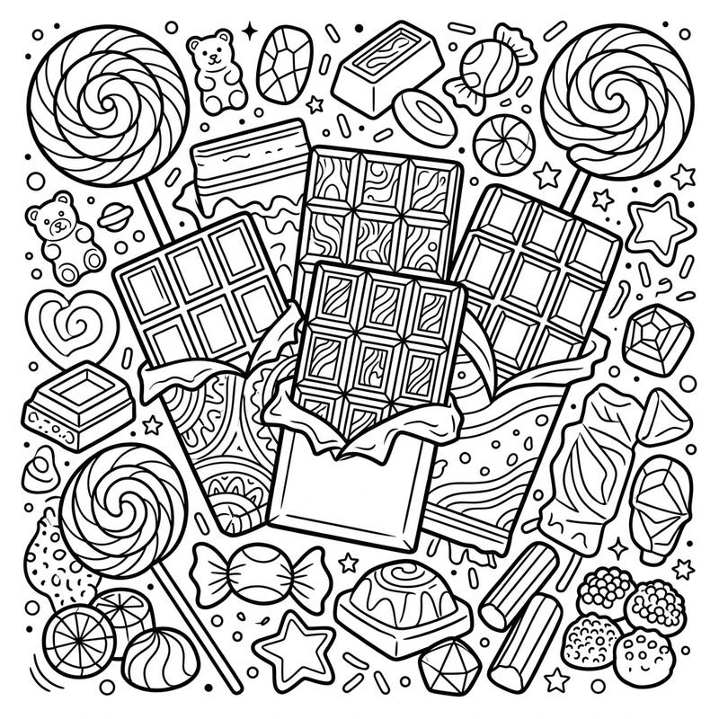 Unwrap a world of sugary delights with this fun coloring page packed with chocolate bars, lollipops, and candies. Designed especially for kids aged 4-8, it promises hours of creative, sweet-themed coloring fun.