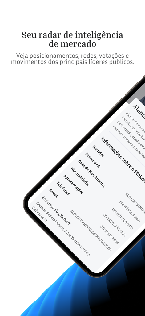 Nomos - Monitoramento Político - Interface of the Nomos app showing a detailed profile of a political stakeholder with contact and office information.