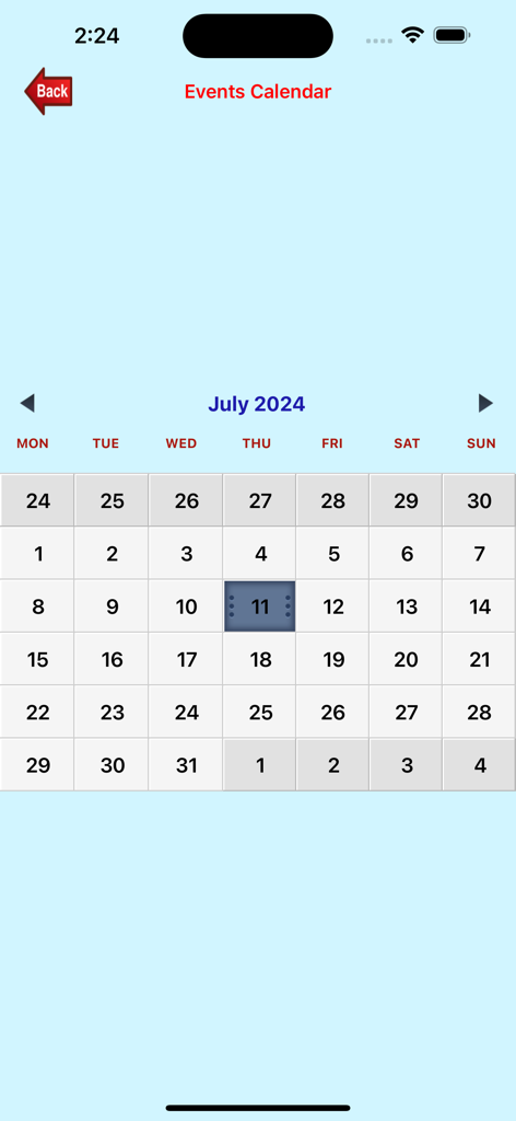 Event Manager - イベントマネージャーアプリの2024年7月の月次イベントカレンダーを示すスクリーンショット。