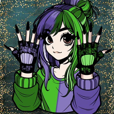 girl with fingerless gloves putting up the metal sign the girl has long nails and a messy bun