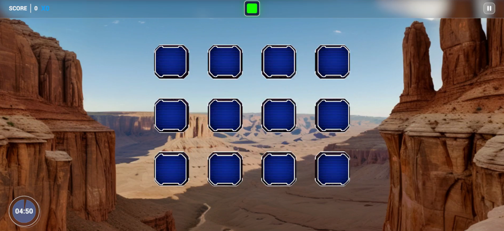 Brain Balance Cognitive App - Un'interfaccia di gioco di allenamento cognitivo con una griglia di tessere blu su uno sfondo di paesaggio desertico nell'App Brain Balance.