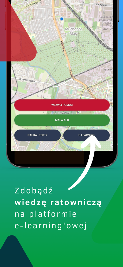 Ratownik mobile app interface showing buttons for emergency help, AED map, and rescue training over a map background.