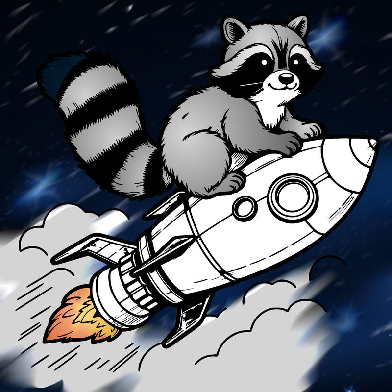 realistic raccoon flying on top rocket ship