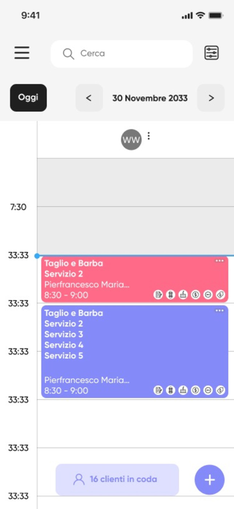 ZetaBarber Business - ZetaBarber Business app daily schedule view with barber service appointments