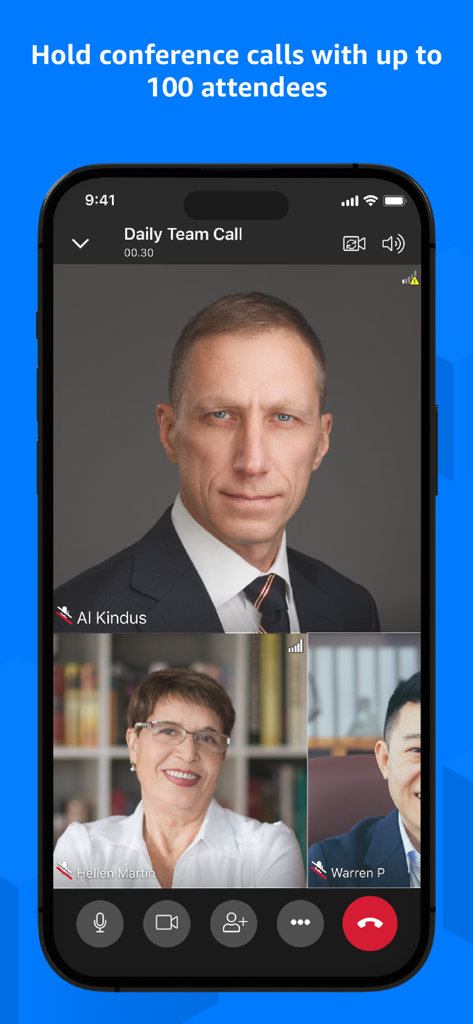 AWS WickrGov - Uno screenshot dell'interfaccia dell'app AWS WickrGov che mostra una videochiamata sicura con tre partecipanti professionali.