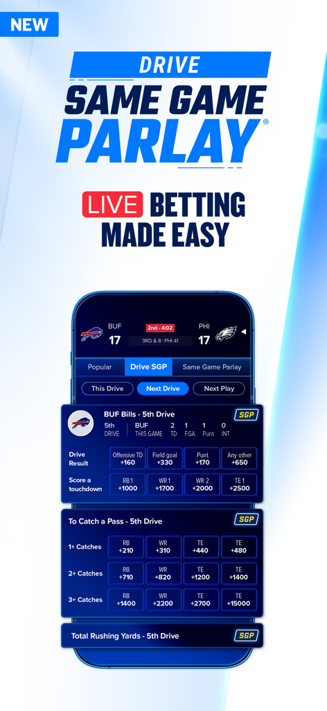 FanDuel Sportsbook app showing live NFL same game parlay betting options