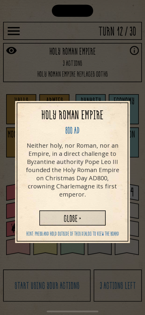 Historical event pop up about the Holy Roman Empire in the Constantinople solitaire wargame