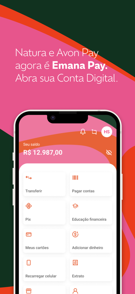 Emana Pay - A interface do app Emana Pay exibindo o saldo de uma conta digital e serviços financeiros para consultoras