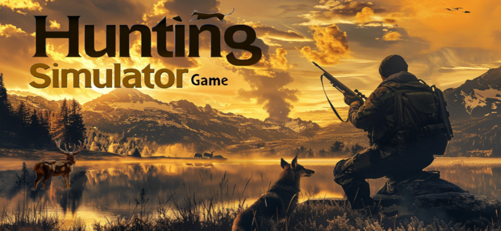 A hunter with a rifle and a dog overlooking a scenic mountain lake with a deer at sunset
