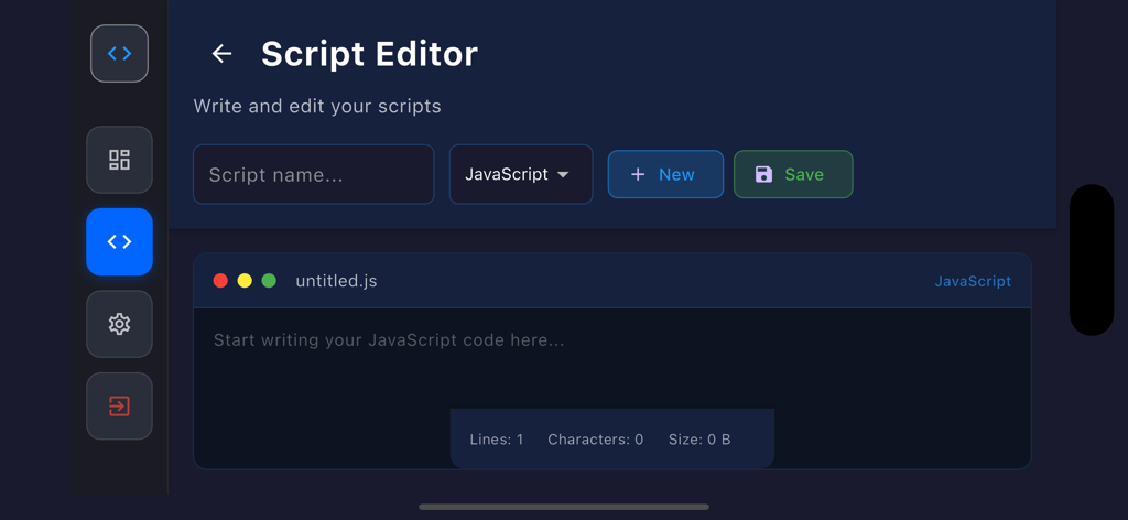 Interface of the Delta Executor mobile script editor showing a dark theme coding window with options to write and save JavaScript code.