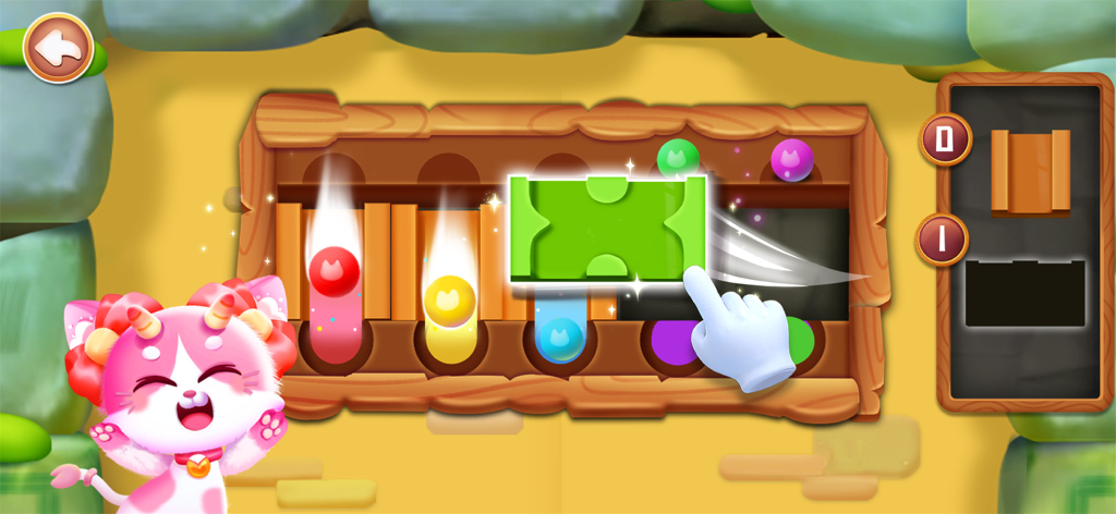Little Panda's Kitty World - A pink cartoon cat next to a wooden block and ball puzzle mini-game