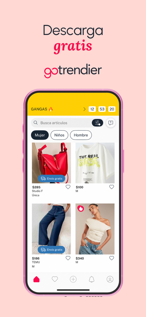 GoTrendier Compra y vende moda - 様々な女性向けファッションアイテムとお得な情報を表示するGoTrendierモバイルアプリのインターフェース