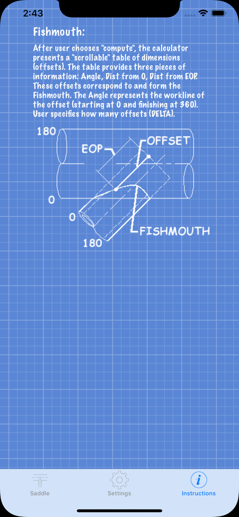 Pipe Saddle Layout Calculator - Instructional screen showing a fishmouth pipe cut diagram on a blue grid blueprint background.