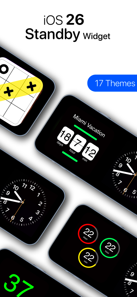 Countdown widget : Day Counter - Uma coleção de widgets estéticos de contagem regressiva e relógio para o modo StandBy do iOS, apresentando vários temas e estilos